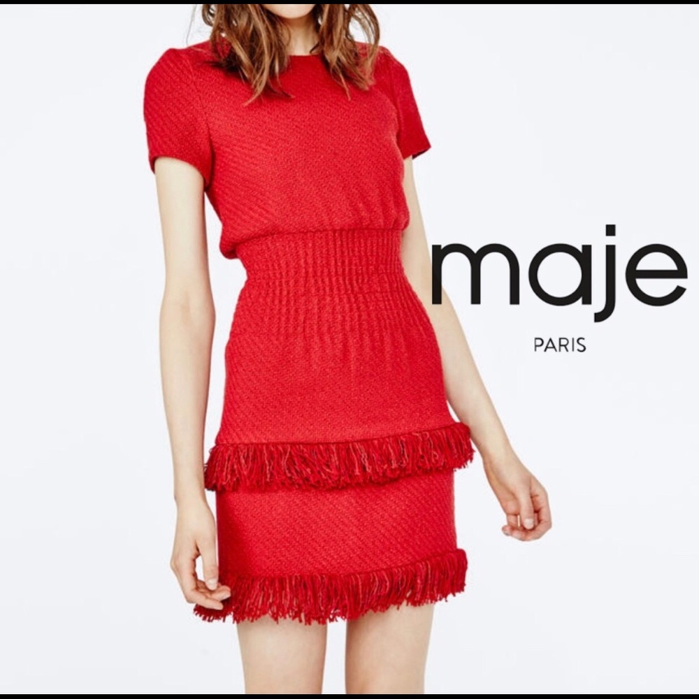 Maje Red Tweed Fringe Dress